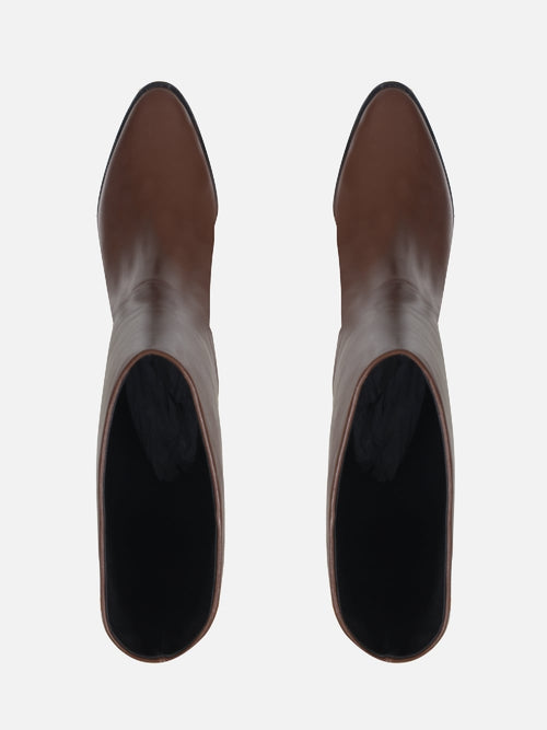 BOTA EM COURO LEA CHOCOLATE CANO ALTO SALTO BAIXO