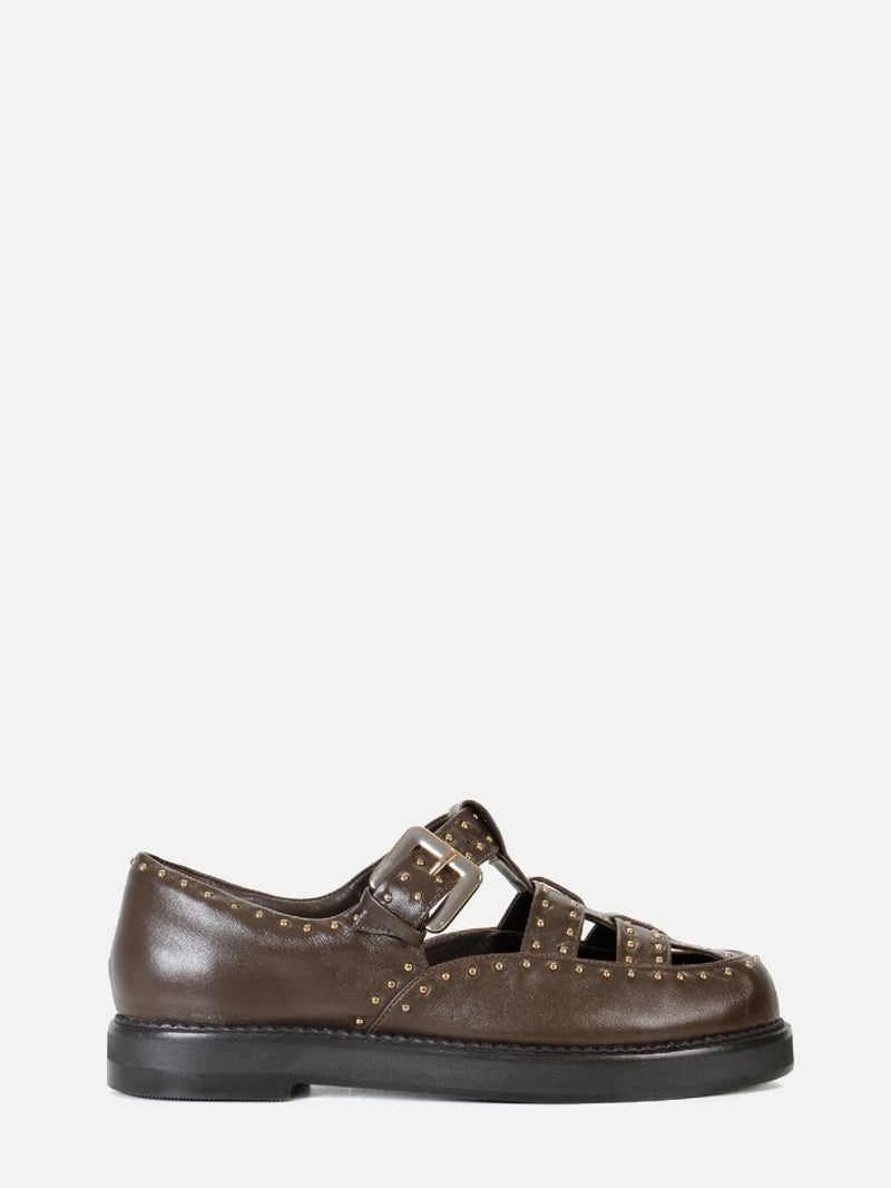MOCASSIM EM COURO ESTHER CAFÉ TACHINHAS