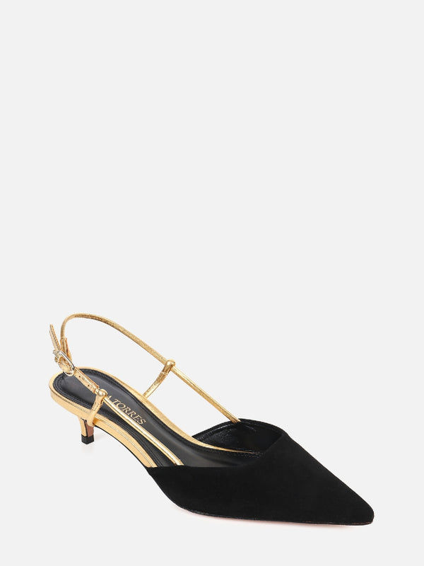 SCARPIN DE CAMURÇA GLORIA PRETO SLINGBACK SALTO BAIXO
