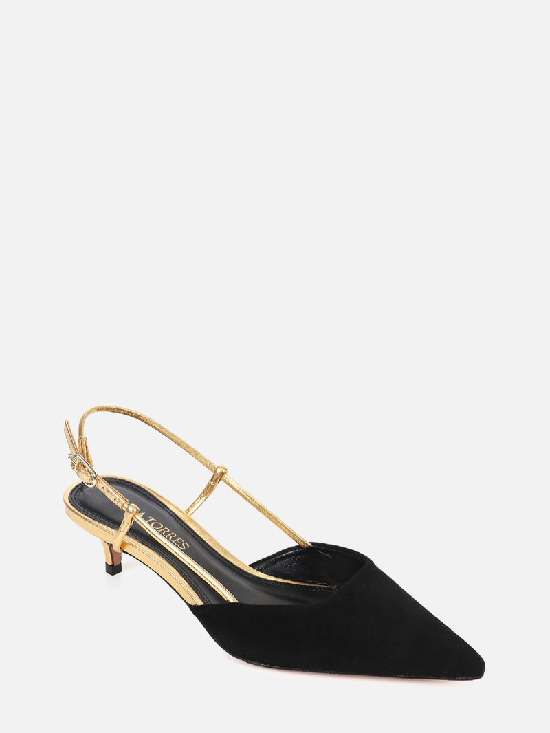 SCARPIN DE CAMURÇA GLORIA PRETO SLINGBACK SALTO BAIXO