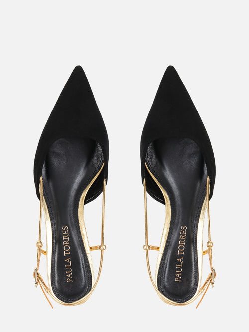 SCARPIN DE CAMURÇA GLORIA PRETO SLINGBACK SALTO BAIXO