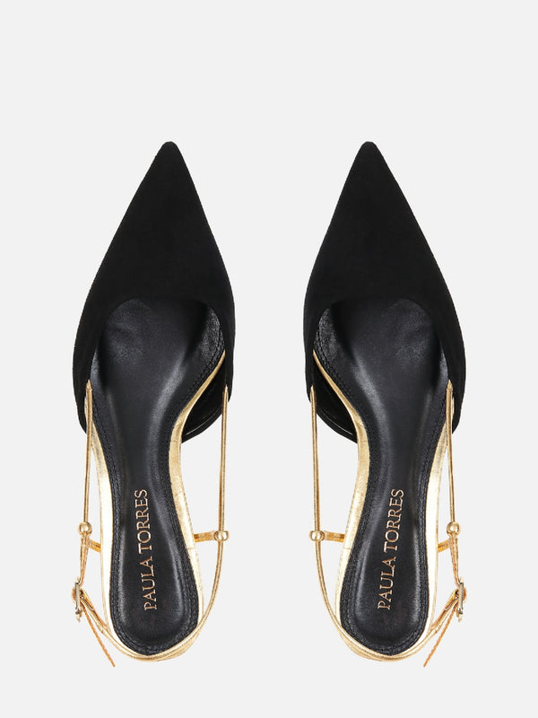 SCARPIN DE CAMURÇA GLORIA PRETO SLINGBACK SALTO BAIXO