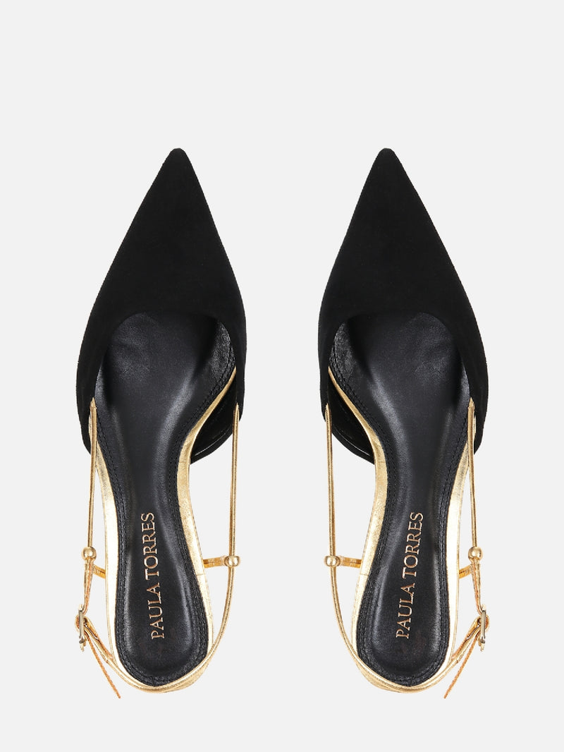 SCARPIN DE CAMURÇA GLORIA PRETO SLINGBACK SALTO BAIXO