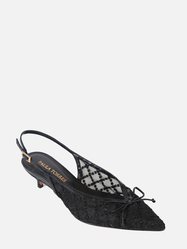 SCARPIN EM TELA BORBADA VALENTINA PRETO SLINGBACK SALTO BAIXO