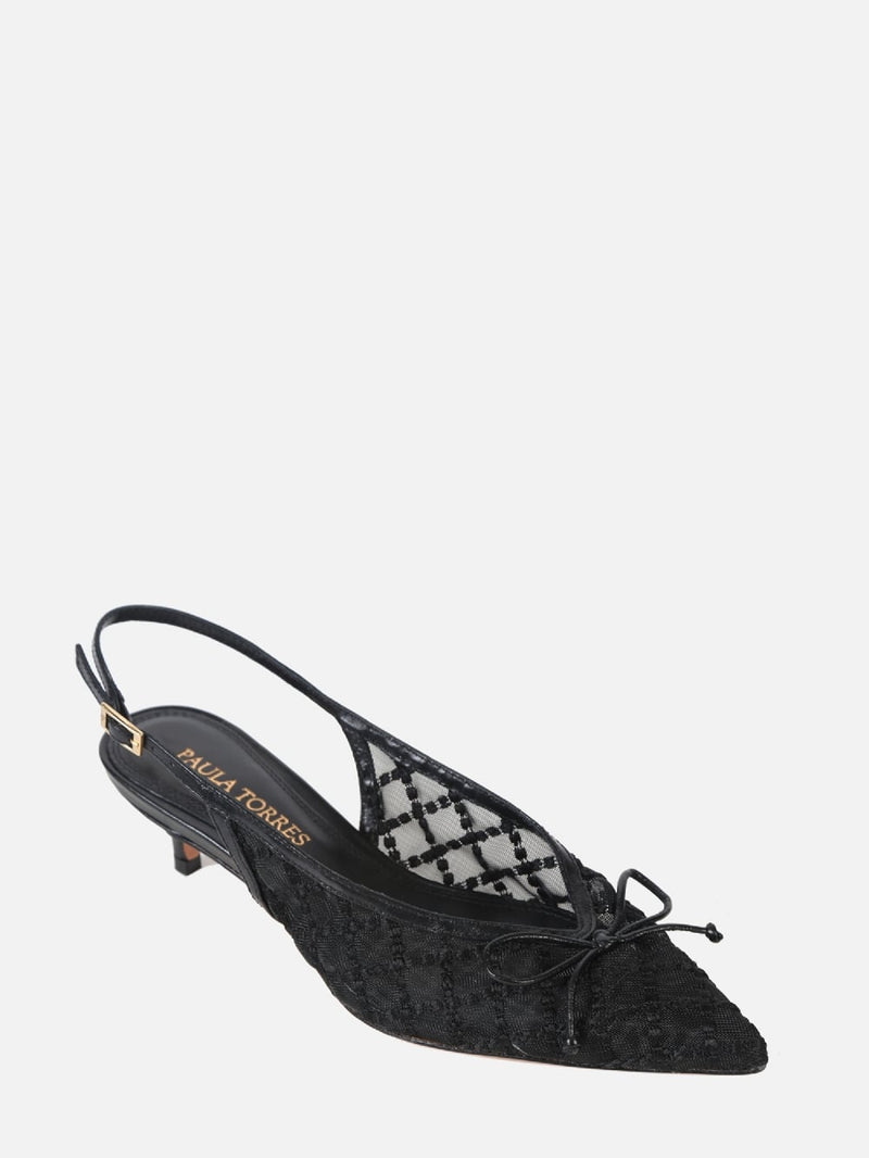 SCARPIN EM TELA BORBADA VALENTINA PRETO SLINGBACK SALTO BAIXO