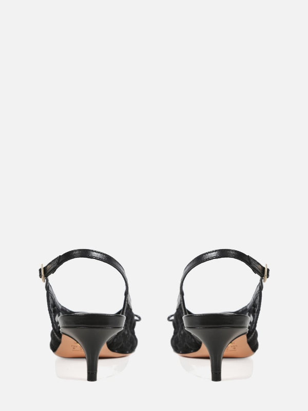 SCARPIN EM TELA BORBADA VALENTINA PRETO SLINGBACK SALTO BAIXO