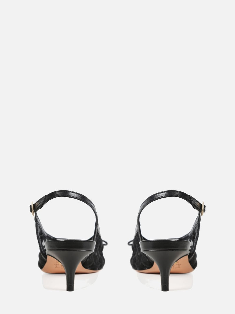 SCARPIN EM TELA BORBADA VALENTINA PRETO SLINGBACK SALTO BAIXO
