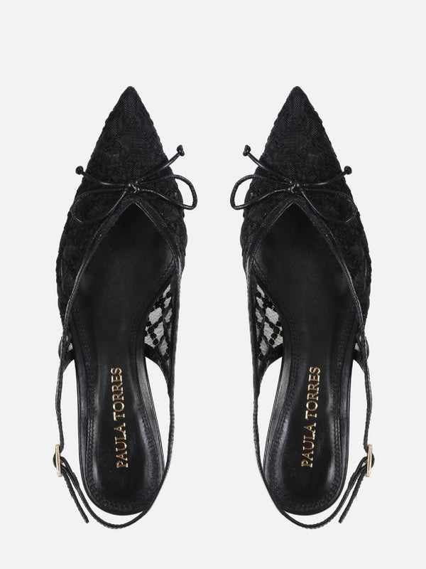 SCARPIN EM TELA BORBADA VALENTINA PRETO SLINGBACK SALTO BAIXO