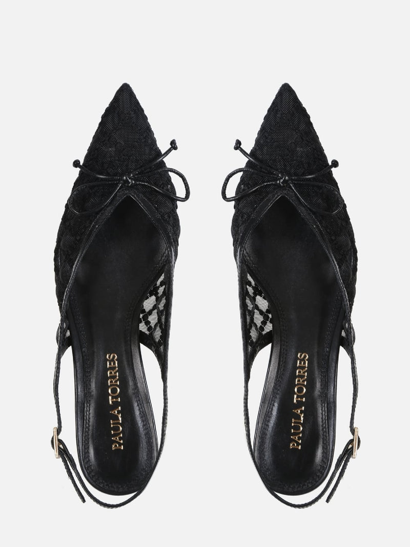 SCARPIN EM TELA BORBADA VALENTINA PRETO SLINGBACK SALTO BAIXO