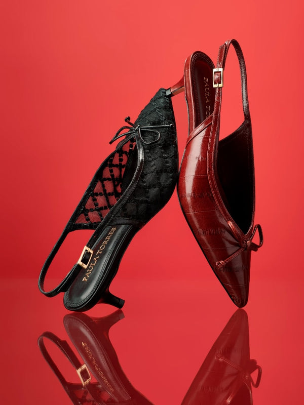 SCARPIN EM TELA BORBADA VALENTINA PRETO SLINGBACK SALTO BAIXO