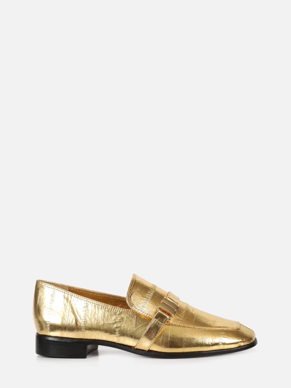 MOCASSIM EM COURO METALIZADO CHIARA OURO BICO QUADRADO