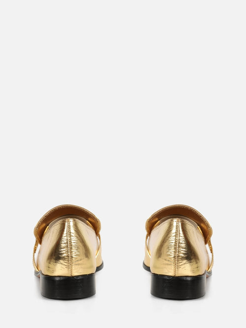 MOCASSIM EM COURO METALIZADO CHIARA OURO BICO QUADRADO