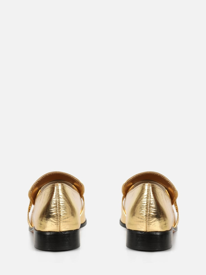 MOCASSIM EM COURO METALIZADO CHIARA OURO BICO QUADRADO