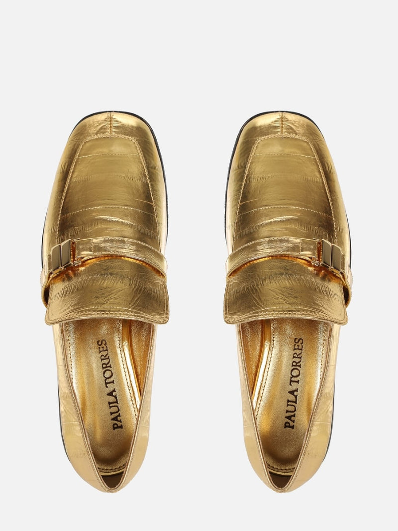 MOCASSIM EM COURO METALIZADO CHIARA OURO BICO QUADRADO