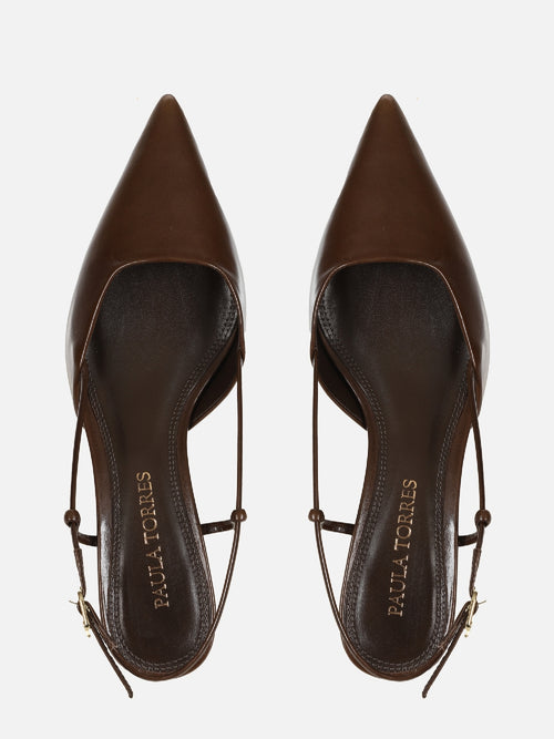 SCARPIN EM COURO CASSIE CAFÉ SALTO BAIXO