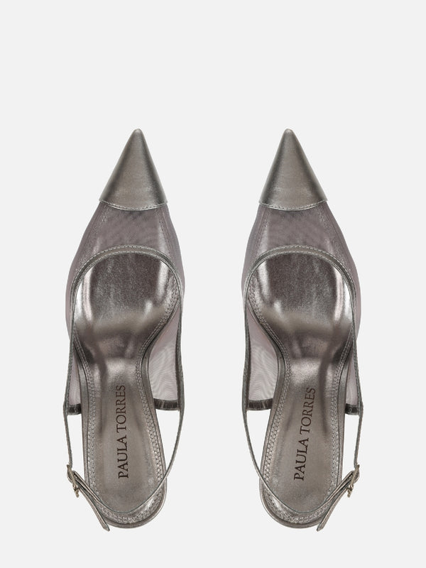 SCARPIN EM TELA JOLIE PRATA SALTO MÉDIO FINO