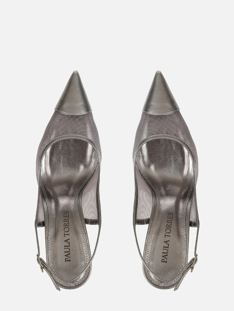SCARPIN EM TELA JOLIE PRATA SALTO MÉDIO FINO
