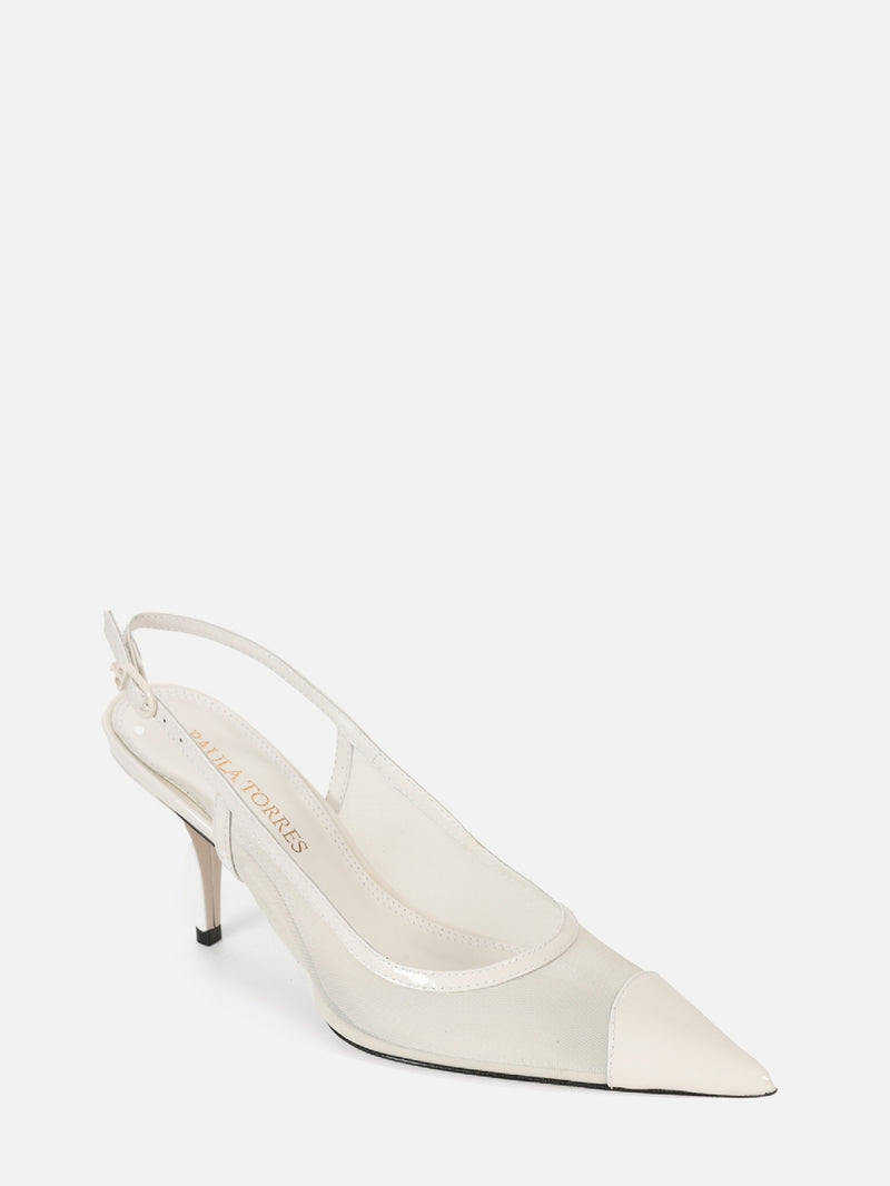 SCARPIN EM TELA JOLIE OFF WHITE SALTO MÉDIO FINO