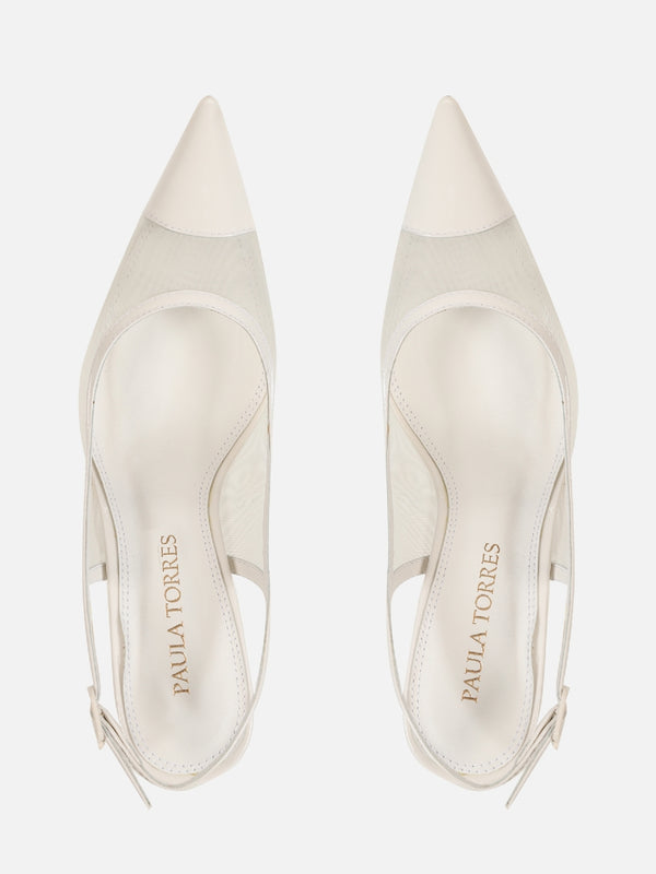SCARPIN EM TELA JOLIE OFF WHITE SALTO MÉDIO FINO