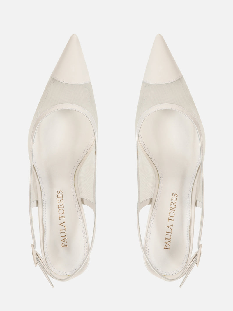 SCARPIN EM TELA JOLIE OFF WHITE SALTO MÉDIO FINO