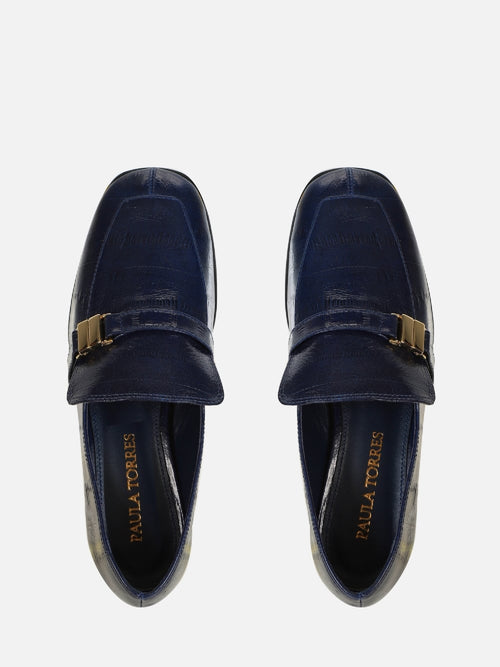MOCASSIM EM COURO CHIARA DARK BLUE BICO QUADRADO