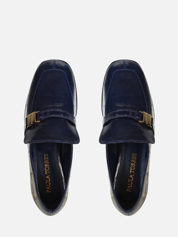 MOCASSIM EM COURO CHIARA DARK BLUE BICO QUADRADO