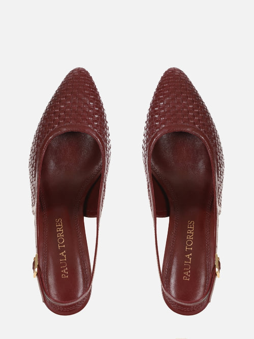 SCARPIN EM COURO ALICIA BURGUNDY TRESSE SALTO MÉDIO FINO