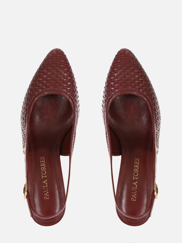 SCARPIN EM COURO ALICIA BURGUNDY TRESSE SALTO MÉDIO FINO