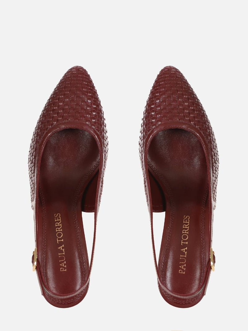 SCARPIN EM COURO ALICIA BURGUNDY TRESSE SALTO MÉDIO FINO