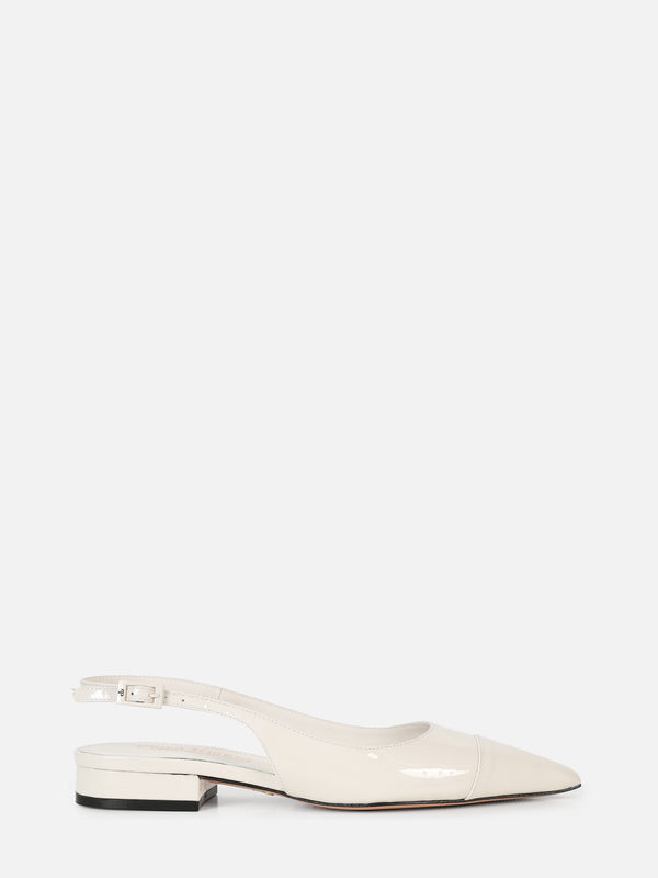SAPATILHA EM COURO VERNIZ MARIE OFF WHITE SLINGBACK BICO FINO