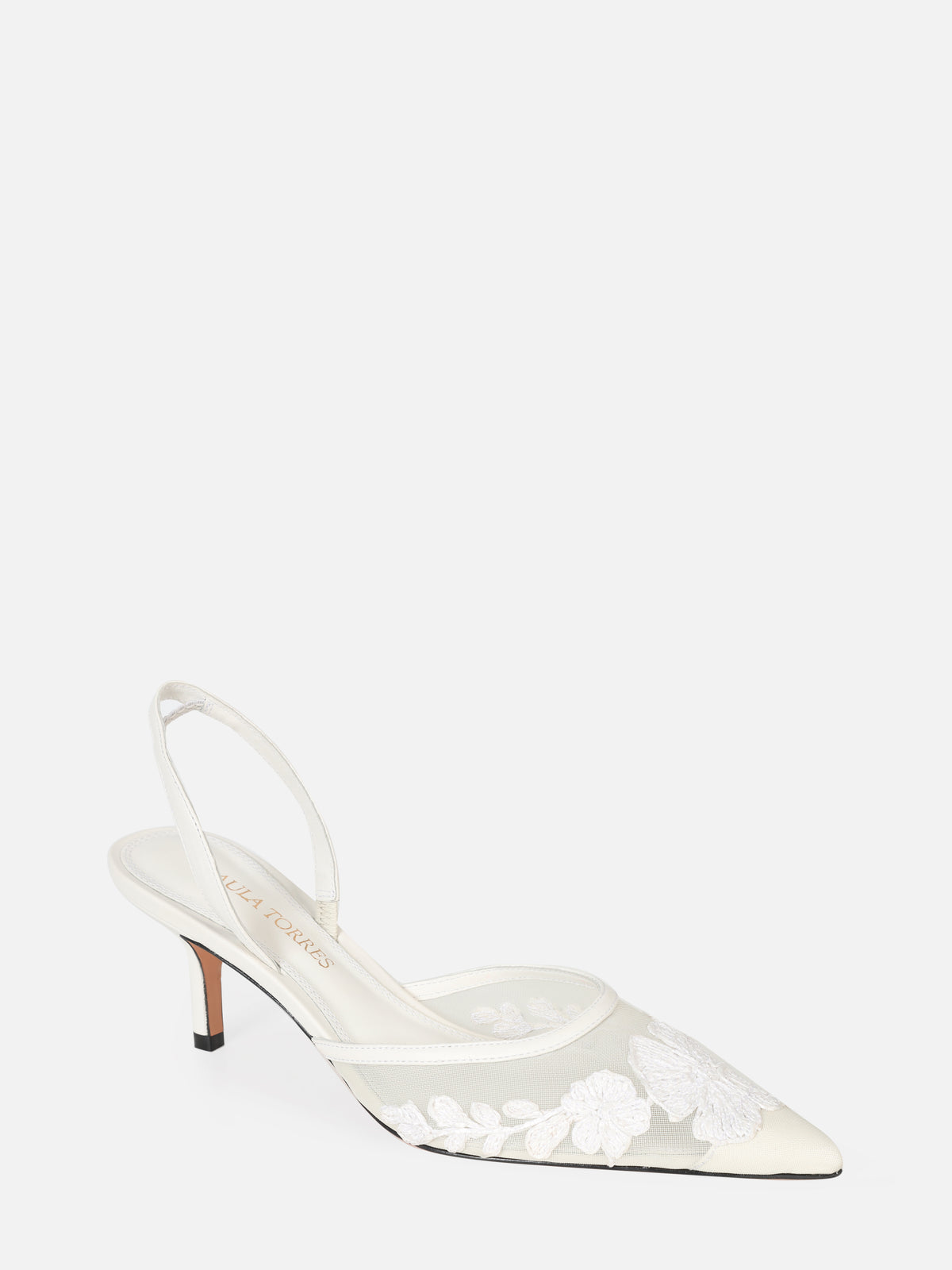 SCARPIN EM TELA BORBADA BELLE OFF WHITE SALTO MÉDIO FINO