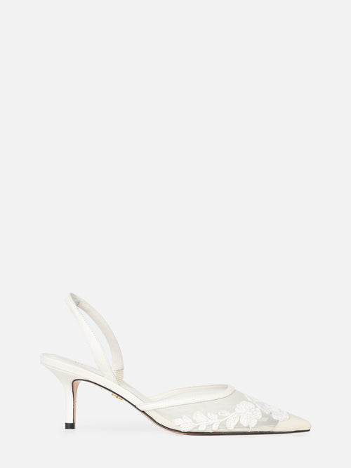 SCARPIN EM TELA BORBADA BELLE OFF WHITE SALTO MÉDIO FINO