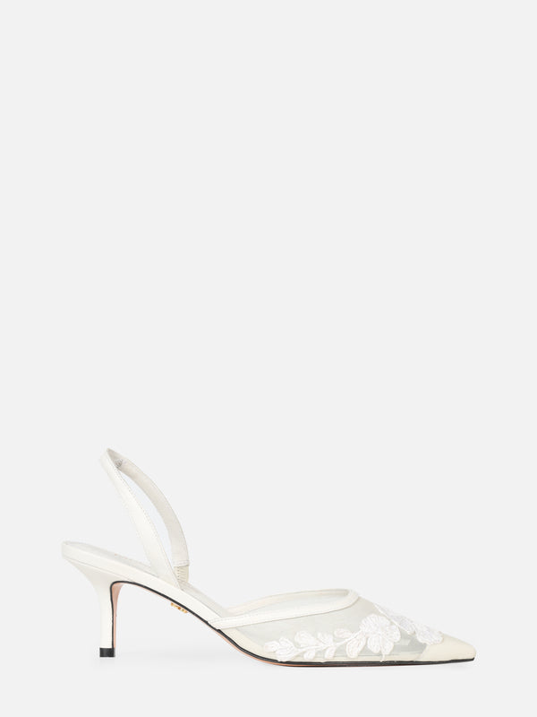 SCARPIN EM TELA BORBADA BELLE OFF WHITE SALTO MÉDIO FINO