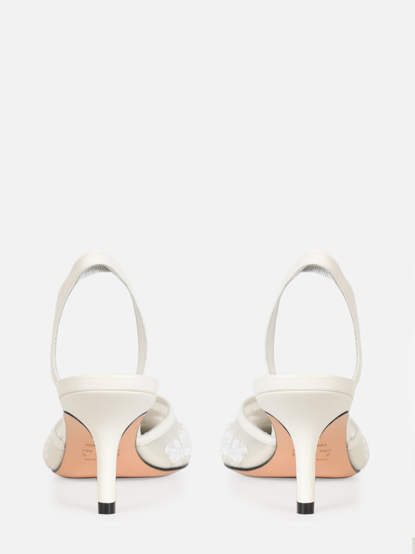 SCARPIN EM TELA BORBADA BELLE OFF WHITE SALTO MÉDIO FINO