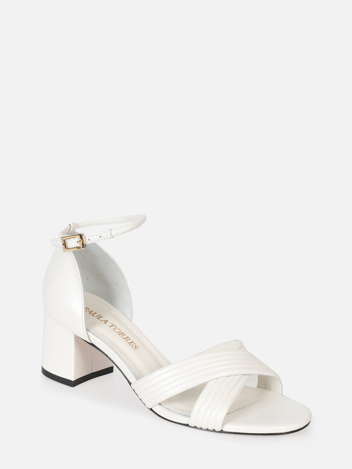 SANDÁLIA EM COURO METALIZADO HOLLY OFF WHITE SALTO BAIXO BLOCO