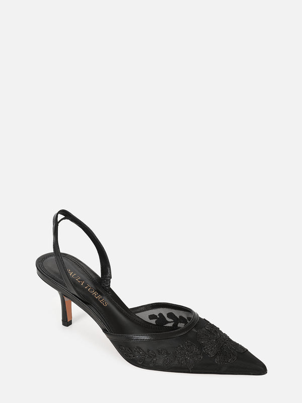 SCARPIN EM TELA BORBADA BELLE PRETO SALTO MÉDIO FINO