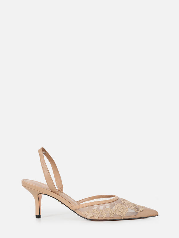 SCARPIN EM TELA BORBADA BELLE NUDE SALTO MÉDIO FINO