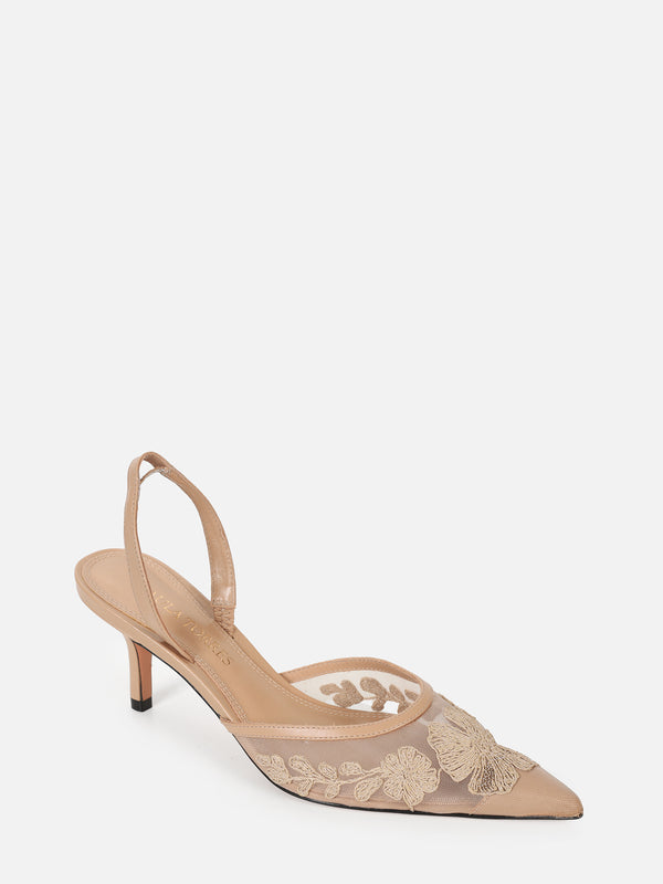 SCARPIN EM TELA BORBADA BELLE NUDE SALTO MÉDIO FINO