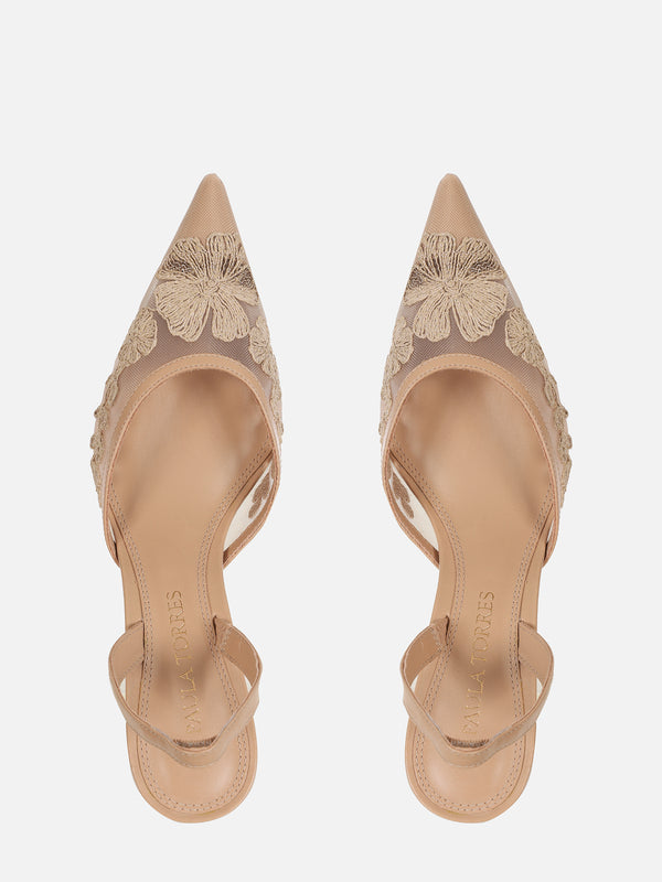 SCARPIN EM TELA BORBADA BELLE NUDE SALTO MÉDIO FINO